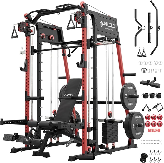Mikolo M4 2.0 Smith Machine, 2200lbs Squat Rack with LAT-Pull Down System & Cable Crossover Machine, Training Equipment with Leg Hold-Down Attachment