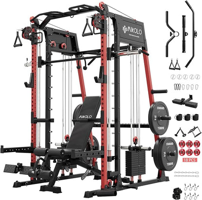 Mikolo M4 2.0 Smith Machine, 2200lbs Squat Rack with LAT-Pull Down System & Cable Crossover Machine, Training Equipment with Leg Hold-Down Attachment