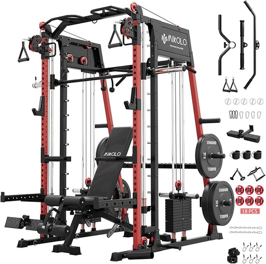 Mikolo M4 2.0 Smith Machine, 2200lbs Squat Rack with LAT-Pull Down System & Cable Crossover Machine, Training Equipment with Leg Hold-Down Attachment