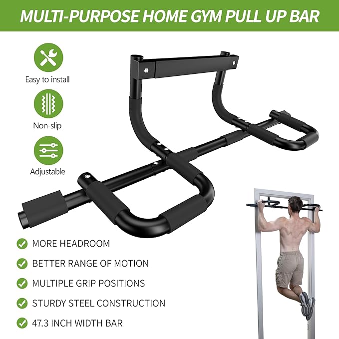 NOWAKE New Version Multi-Grip Pull up bar For Doorway,330lbs Heavy Duty 47.3 Inch Extra Width Portable Functional Ergonomic Design Door Frame Pull Up Bar With USA Patent For Home Gym Exercise