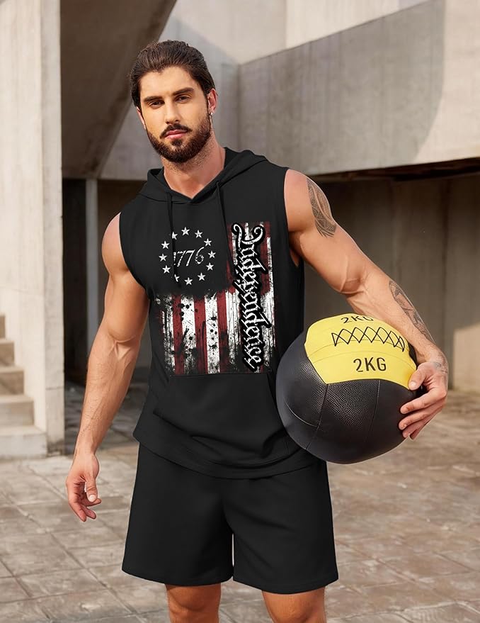 COOFANDY Mens Sleeveless Workout Hoodie Shorts Set 2 Piece Outfits Hooded Tank Tops Gym Tracksuit Sweatsuits