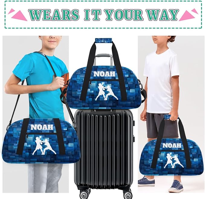 Custom Named Sports Bag for Boys, Personalized Gym Bag Sports Travel Duffle Bag Tote Carry On Weekend Sports Travel Workout Bag, White Boxing Silhouette Blue Geometric Background