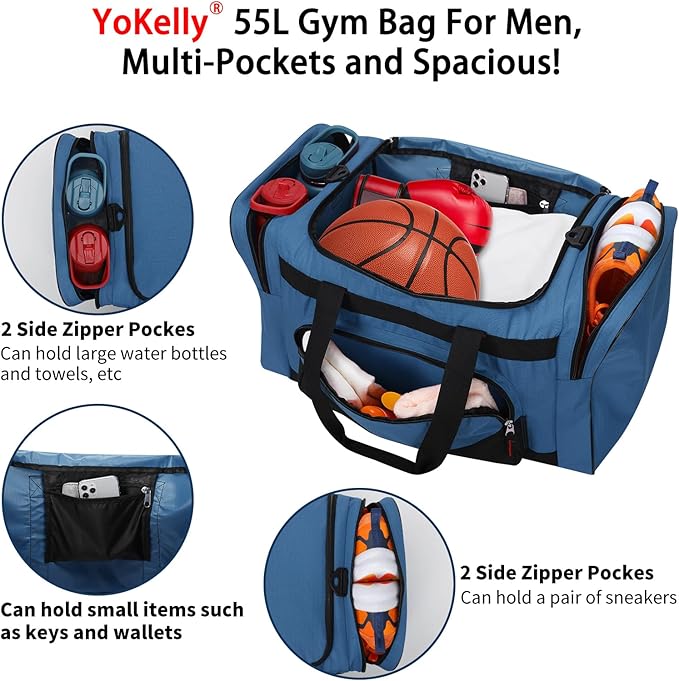 Gym Bag 22 inch Sport Duffle Bag for Men - 55L Weekender Duffel Bag for Travel 22“×12”×13“ - Royal Blue