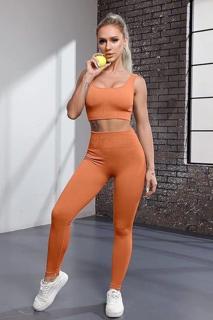 FAFOFA Ribbed Workout Outfits for Women 2 Piece Seamless Sport Bra High Waist Yoga Leggings Sets