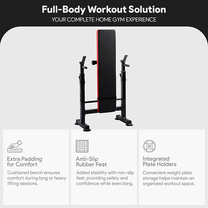 BalanceFrom Steel Weight Bench w/ Squat Rack in Multiple Colors, 400 lb User Capacity - Foldable Home Gym Equipment for Range of Workouts w/ 6-Position Barbell Holder & Adjustable Seat and Recliner