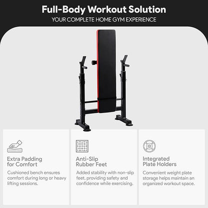 BalanceFrom Steel Weight Bench w/ Squat Rack in Multiple Colors, 400 lb User Capacity - Foldable Home Gym Equipment for Range of Workouts w/ 6-Position Barbell Holder & Adjustable Seat and Recliner
