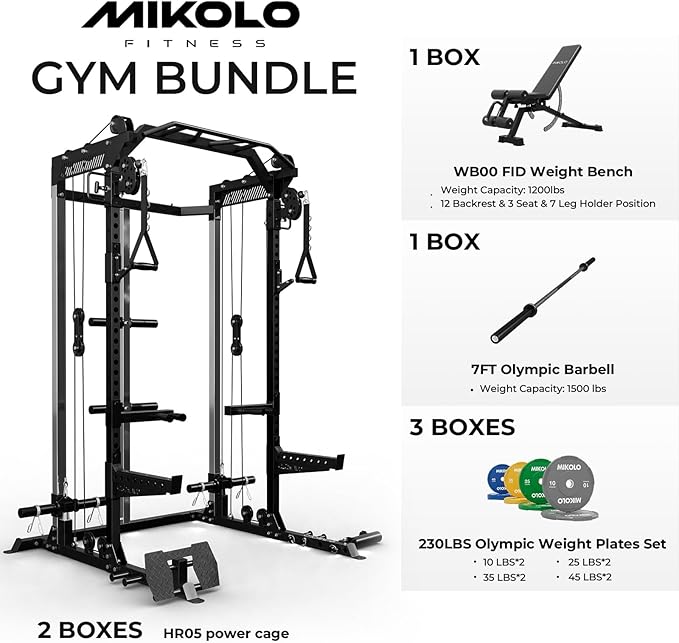Mikolo Power Cage, 2000LB Power Rack with Independent Dual Pulley System, Multi-Function Home Gym Workout Machine for Cable Crossover