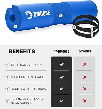 DMoose Fitness Barbell Pad for Hip Thrust, Squat & Lunges - Non-Slip Thick Foam Cushion for Neck and Back Support with Two Straps - Hip Thrust Pad for Leg Day - Fits All Olympic Bars and Smith Machine