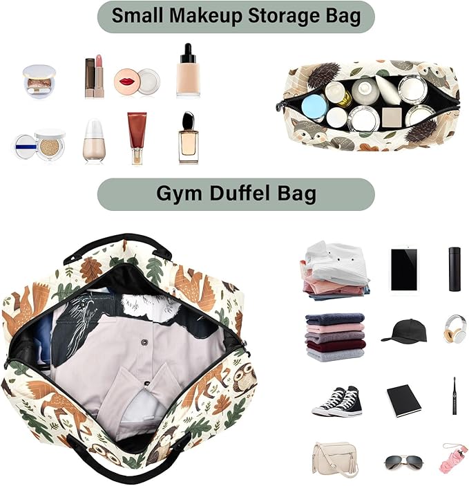 Weekender Bags Travel Duffel Gym Bag Carry on Overnight Tote Bag with Toiletry Bag for Airplane Travel Trip Gym Yoga (Woodland Forest Animals Fox)
