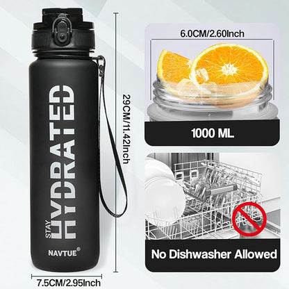 Water Bottle, 32 oz Sports Water Bottles with Time Marker Wide Mouth, Motivational and Leakproof Drink Bottle, BPA Free Tritan with Carry Strap for Gym Fitness Outdoor(1 Bottle)