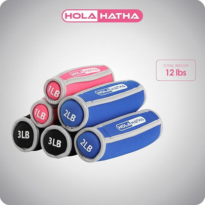 HolaHatha Soft Hand Weights Full Body Strength Training Workout Equipment 1, 2 and 3 Pound Sets for Building and Toning Muscles, Multicolor