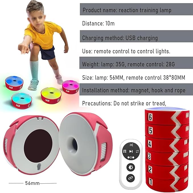 Reaction Training Lights, 6 Lights Agile Fitness Light, Speed Training Equipment, 4 Modes & 4 Light Color, for Football, Boxing, Fitness, Sports
