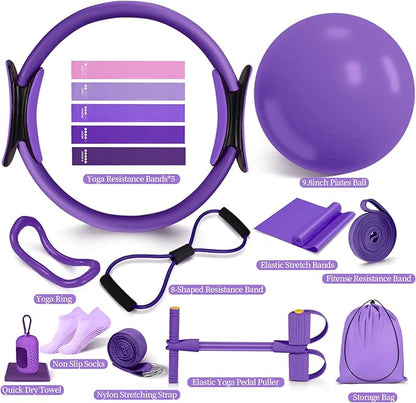 Pilates Essentials Kit for Women 15 Pcs Pilates Equipment for Home Workouts with Yoga Circle Ball Ring, 5 Resistance Bands,Pedal Puller Resistance Band,Anti Slip Socks for Starter Set