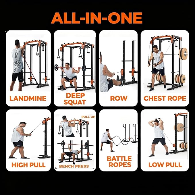 Power Cage for Home Gym, 2000LBS Power Squat Rack with Cable Crossover & Pulley System, Workout Cage Smith Machine for Full Body Strength Training