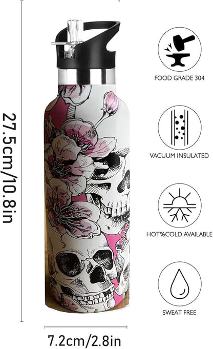 Skull Sport Water Bottle with Straw, Vacuum Insulated Stainless Steel Thermal Drinking Travel Mug Cups For Gym Fitness Camping-20oz/600ml