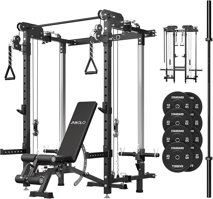 Mikolo Folding Squat Rack, Wall Mounted Power Rack with Cable Crossover Machine & LAT Pull Down, Functional Trainer with 5 Adjustable Function Modes, for Home Gym and Space Saving