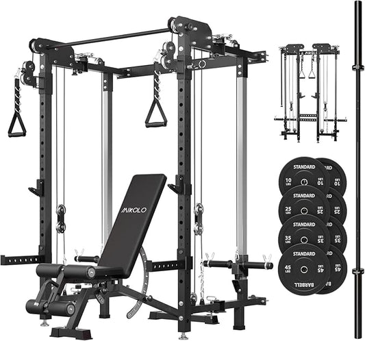 Mikolo Folding Squat Rack, Wall Mounted Power Rack with Cable Crossover Machine & LAT Pull Down, Functional Trainer with 5 Adjustable Function Modes, for Home Gym and Space Saving