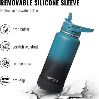40oz Insulated Water Bottle with Straw, Stainless Steel Metal Vacuum Water Flask, Large Thermal Water bottle with Leakproof 3 Lids for Travel, Camping, Gym Sports Dark Rainbow