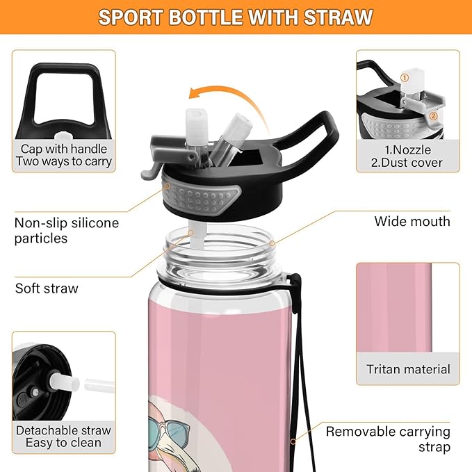 Fustylead Pink Flamingo Wearing Sunglasses 32 oz BPA-Free Water Bottle with Straw, Leak-Proof Sport Bottle for Fitness, Gym, Camping, Outdoor Sports
