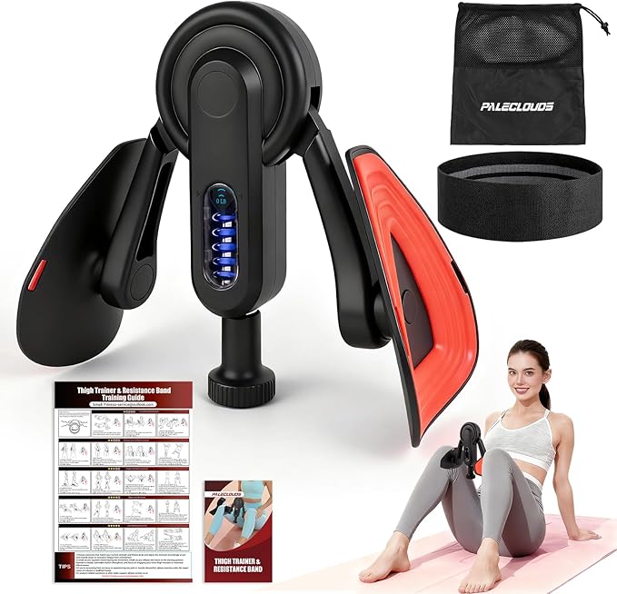 Thigh Trainer for Women, 10-100lb Adjustable Resistance Inner Thigh Exerciser with Leg Band & Poster for Kegel Exercise, Pelvic Floor Trainer for Postpartum Rehabilitation Home Gym