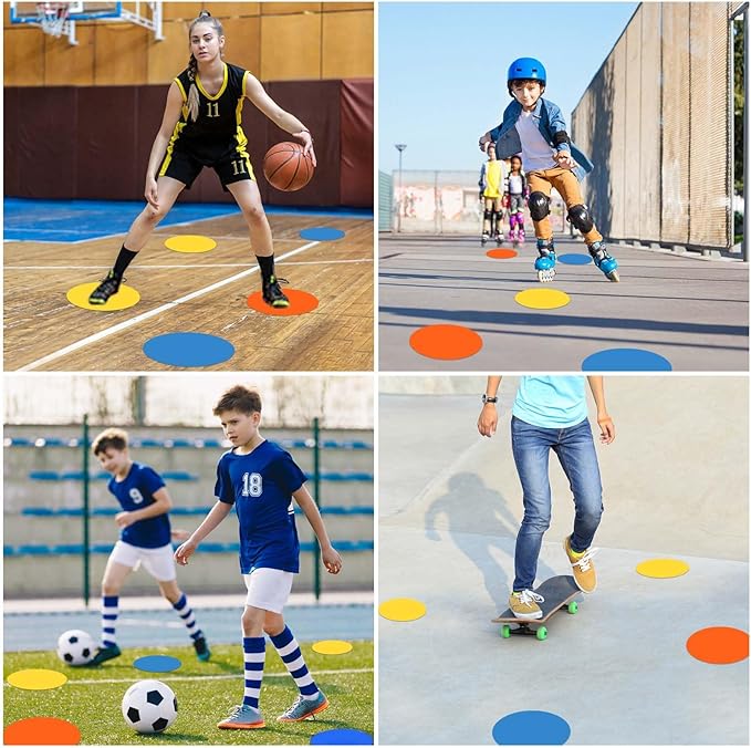 Poly Spots 4" or 9" Flat Cones Spot Markers for Gym/PE Training, Dance, 12/18/24 Pcs Non-Slip Rubber Floor Dots Flat Disc Markers for Soccer Basketball Sports Agility Drills, Classroom Activities