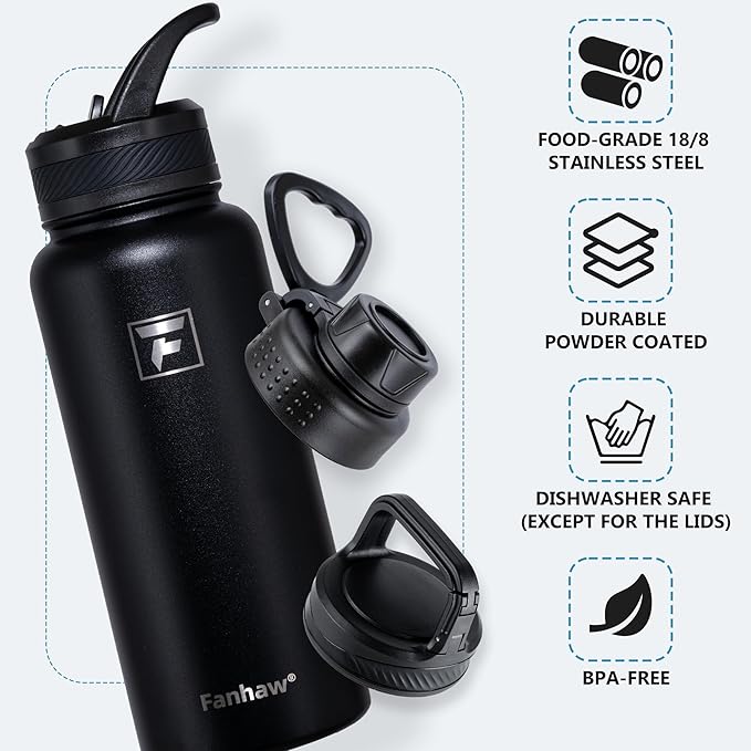 Fanhaw 32 oz Insulated Water Bottle – Portable Stainless Steel Flask with 3 Lids (Straw, Spout, Carabiner) | Leakproof, for Gym, Hiking, Work, Travel & Everyday Use (Black)