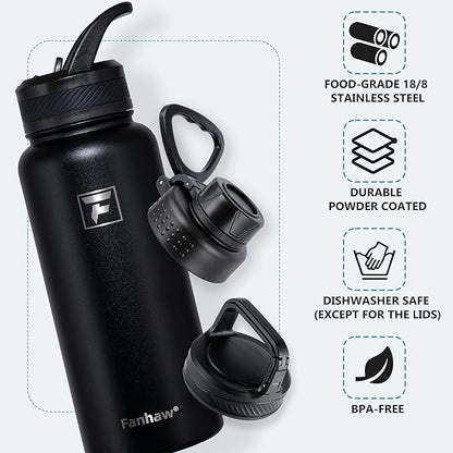 Fanhaw 32 oz Insulated Water Bottle – Portable Stainless Steel Flask with 3 Lids (Straw, Spout, Carabiner) | Leakproof, for Gym, Hiking, Work, Travel & Everyday Use (Black)