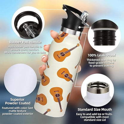 Music Guitar Sport Water Bottle with Straw, Vacuum Insulated Stainless Steel Thermal Drinking Travel Mug Cups For Gym Fitness Camping-20oz/600ml