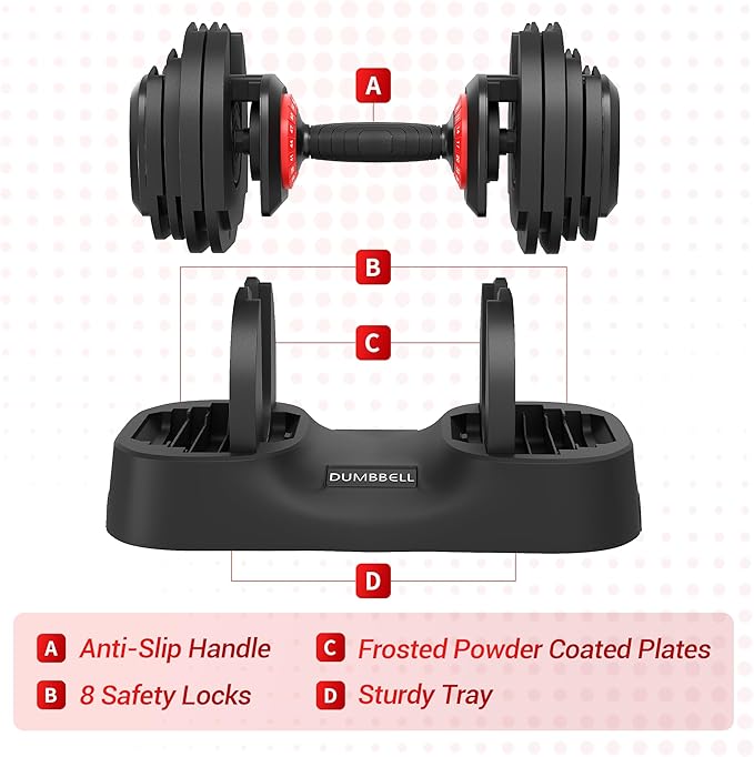 25LBS/56LBS Adjustable Dumbbell One-Hand Quick Adjust Weight Set, Anti-Slip Texture Handle, Full-Body Workout Equipment for Home Gym, Suitable for Men & Women