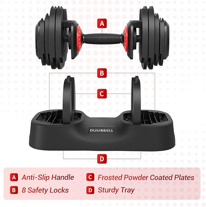 25LBS/56LBS Adjustable Dumbbell One-Hand Quick Adjust Weight Set, Anti-Slip Texture Handle, Full-Body Workout Equipment for Home Gym, Suitable for Men & Women