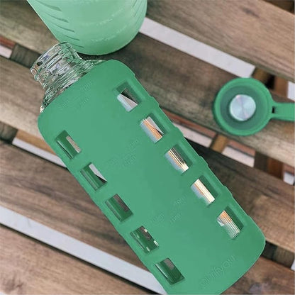 purifyou 40oz / 32oz / 22oz / 12oz Borosilicate Glass Water Bottle with Time & Volume Markers, Silicone Sleeve, Stainless Steel Lid | Reusable Glass Bottle for Water & Juice (22oz Shale Green)