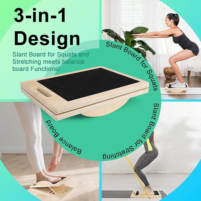 3 in 1 Slant Board for Calf Stretching,Anti Slip Squats Wedge Balance Board for Physical Therapy,Calf Stretcher for Core Strength Wood Rocker Board