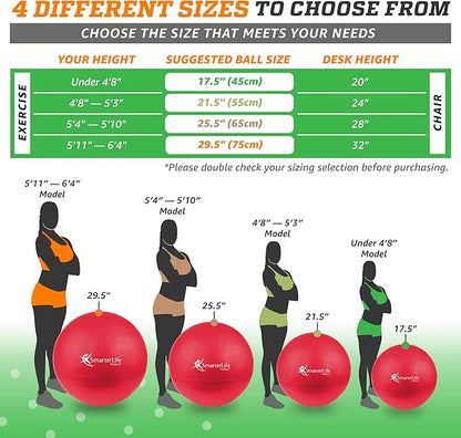 SmarterLife Exercise Ball Yoga Ball for Fitness, Balance, Stability, or Pregnancy, Gym Ball for Core Workout, Physical Therapy, Yoga Ball Chair for Office, Anti-Slip Anti-Burst