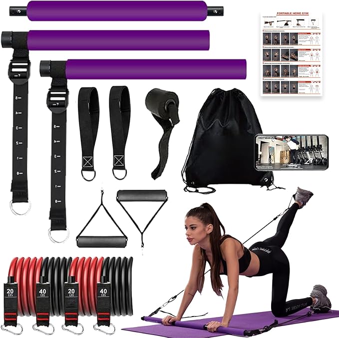 Pilates bar kit Multiple Fitness bar with Resistance Bands, Ab Rollers.Core Strength Training Equipment. Squat Machine for Men and Women.Portable Home Gym Pilates bar kit for Full Body Training Women