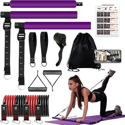 Pilates bar kit Multiple Fitness bar with Resistance Bands, Ab Rollers.Core Strength Training Equipment. Squat Machine for Men and Women.Portable Home Gym Pilates bar kit for Full Body Training Women