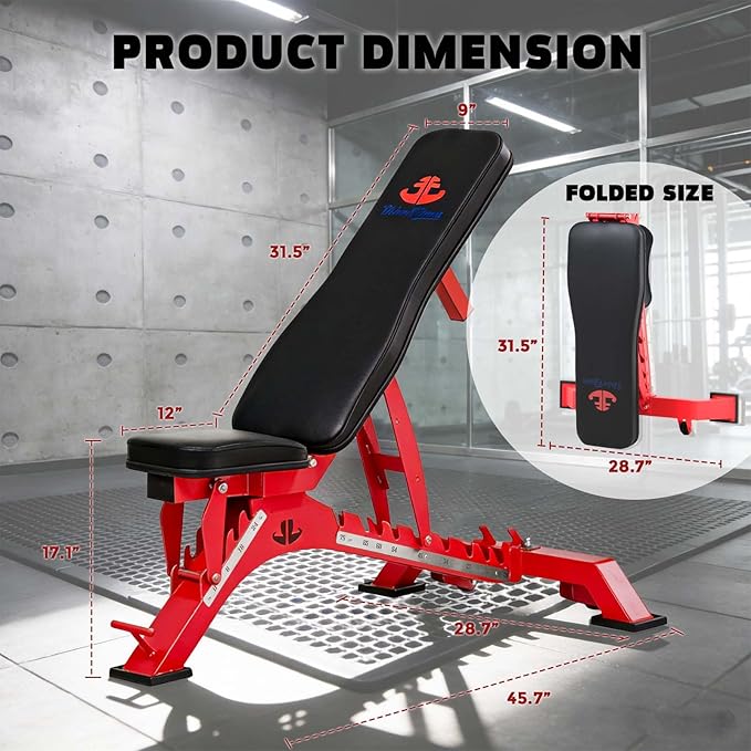 Adjustable Weight Bench 1300 lb Capacity, Foldable Workout Bench with 10 Backrest & 3 Seat Positions, Heavy Duty Home Gym Bench for Incline Decline Flat Dumbbell Training