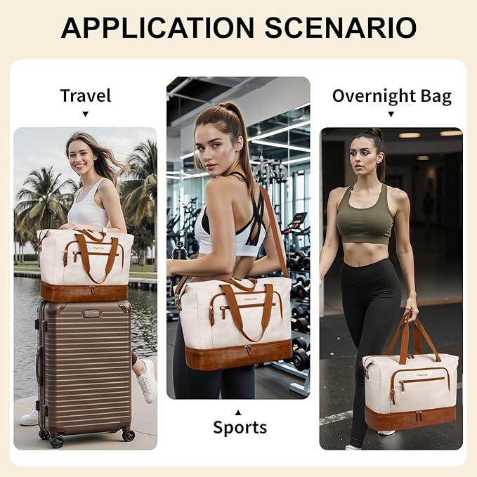 MOSISO Gym Bag for Women, Travel Duffle Weekender Overnight Workout Carry on Gym Duffle Bag with Toiletry Pouch&Shoe Compartment&Wet Pocket&Front Pocket for Fitness, Yoga, Weekend, Beige