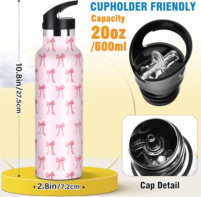 Insulated Water Bottle with Straw Cute Pink Ribbon Bow 20 Oz Kids Stainless Steel Water Flask Sports Travel Mug for Boys Girls
