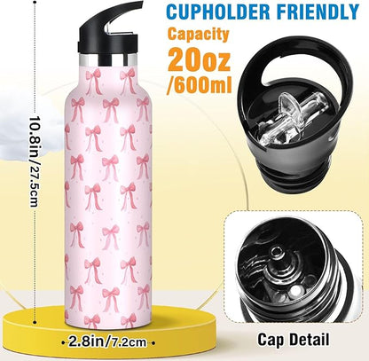 Insulated Water Bottle with Straw Cute Pink Ribbon Bow 20 Oz Kids Stainless Steel Water Flask Sports Travel Mug for Boys Girls