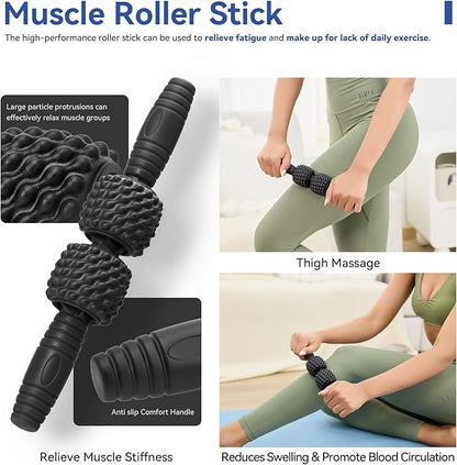 5 in 1 Foam Roller Set - Foam Roller for Legs, Muscle Roller Stick, Massage Ball, Resistance Band for Physical Therapy & Deep Tissue Muscle Massage (Black)