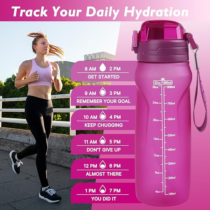32oz Sports Water Bottle with Detachable Straw (Sip & Chug), Motivational Water Bottle with Capacity Marker, Leakproof Drinking Water Bottle with Strap for Travel Fitness Gym Outdoor (Pink)