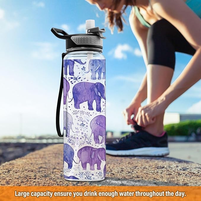 YETTASBIN Elephant Clear Water Bottle with Straw Lid, BPA-Free Leakproof Sport Water Bottle 32oz Large Gym Water Jug for Men Women Travel Fitness Outdoor