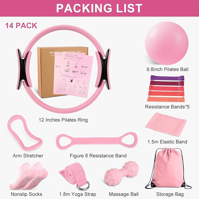 Home Pilates Essentials Kit for Women - Complete Set with 9" Yoga Ball, Figure 8 Resistance Band, Pilates Bands, Accessories, and Pilates Ring - Perfect for Beginners Home Workouts