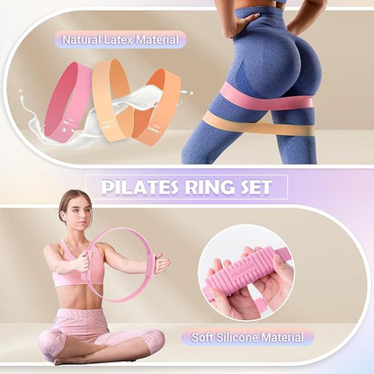 Pilates Essentials Kit for Women, 13.5" Pilates Ring and Ball Set with Resistance Bands for Home Workouts, Portable Pilates Kit with Bag & Training Poster for Full Body Exercise