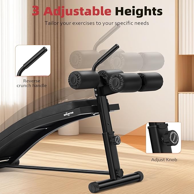 BODY RHYTHM Sit Up Bench with 4 Adjustable Heights and Reverse Crunch Handle, Curved Ab Workout Bench for Home Gym, Adjustable Weight Bench for Core Workouts and Decline Bench Press, Suitable for Individuals Up to 5.9ft Tall.