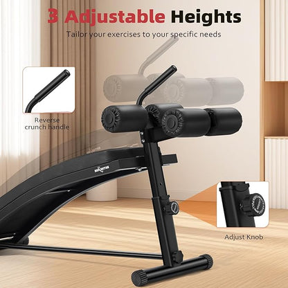 BODY RHYTHM Sit Up Bench with 4 Adjustable Heights and Reverse Crunch Handle, Curved Ab Workout Bench for Home Gym, Adjustable Weight Bench for Core Workouts and Decline Bench Press, Suitable for Individuals Up to 5.9ft Tall.