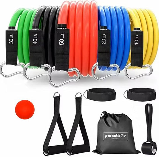 Portable Home Gym System – 150lb Resistance Bands with Bar, Handles, Ankle Straps & Massage Ball – All-in-One Full Body Workout Kit for Strength Training, Travel & Home Fitness – ProActive Performance