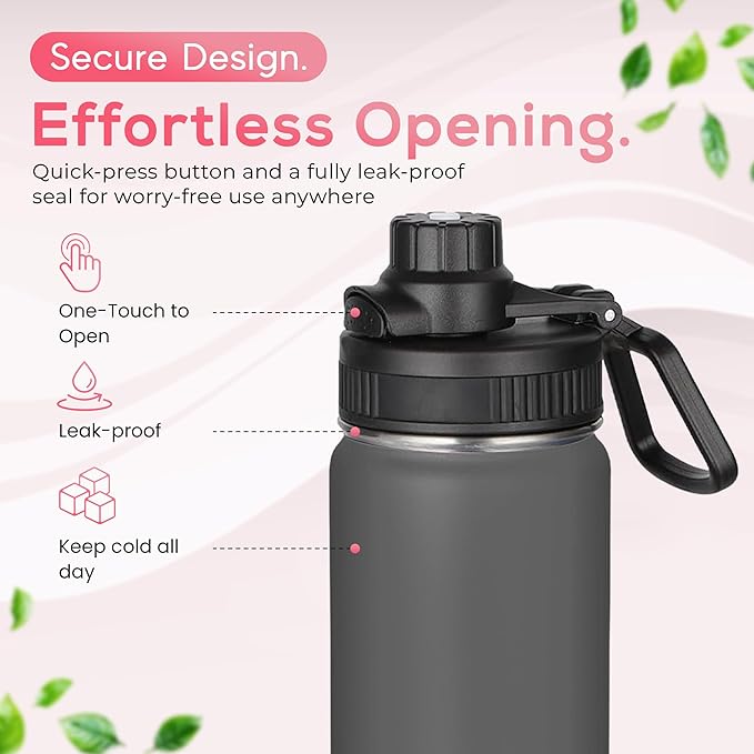 Y TOP 24oz Insulated Water Bottle Leak Proof Spout Lid Fits in Car Cup Holder – Double Wall Dishwasher Safe Easy Clean stainless steel drinking water bottle for Gym Kids Sports Travel Hiking School