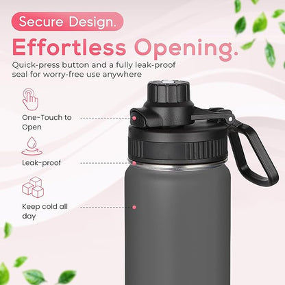 Y TOP 24oz Insulated Water Bottle Leak Proof Spout Lid Fits in Car Cup Holder – Double Wall Dishwasher Safe Easy Clean stainless steel drinking water bottle for Gym Kids Sports Travel Hiking School