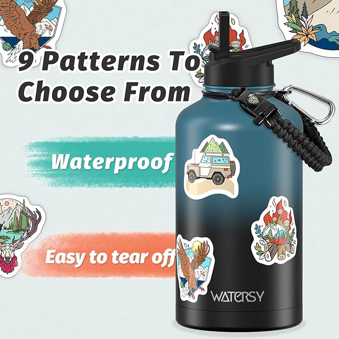 64oz Insulated Water Bottle (Cold for 48 Hrs),BPA Free&Leak Proof,Half Gallon Stainless Steel Water Flask,Water Jug with Straw Spout Lids for Gym,Hiking,Camping,Black Blue